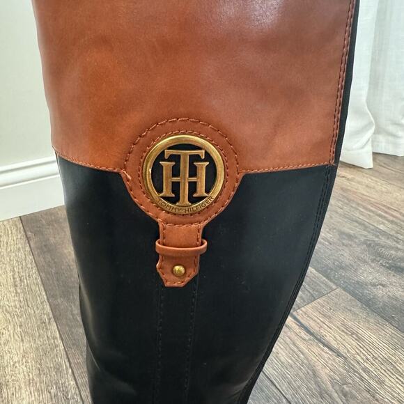Tommy‎ Hilfiger Riding Boots Two-Tone Knee High Logo Black Brown Size 8 - Picture 6 of 10